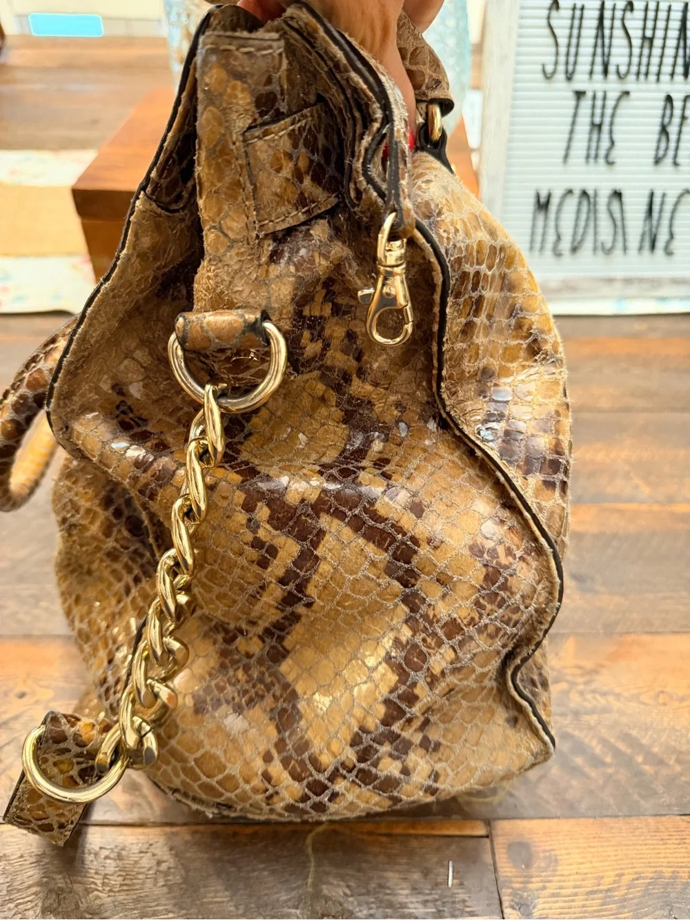 Michael Kors Hamilton satchel Snake Leather Brown Purse GUC 2 charm + key chain